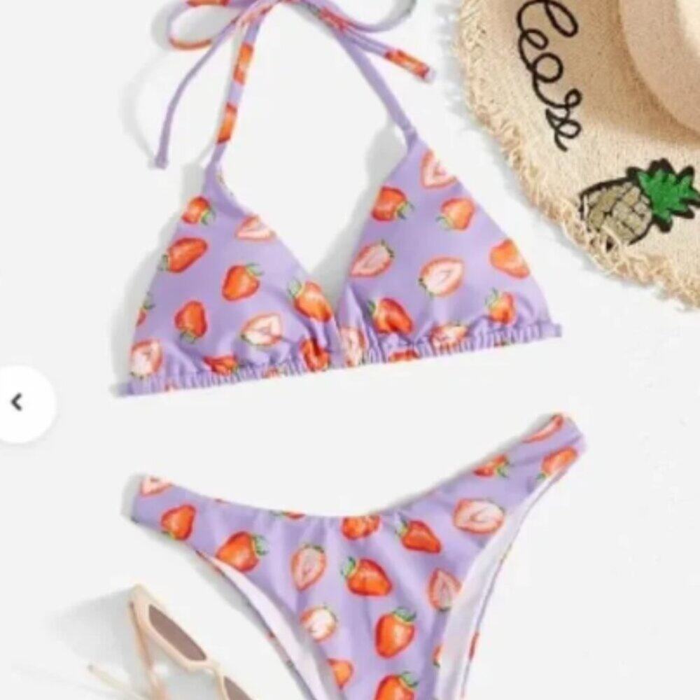 NWT, Shein • Strawberry Print Triangle Bikini Swimsuit, Size XS